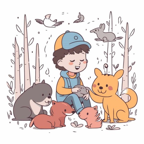 Cute little boy playing with animals in the forest