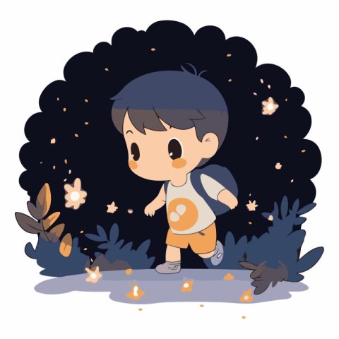 Cute boy in the night forest of a boy with a backpack.