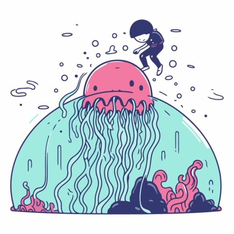 Vector illustration of a cute cartoon boy swimming in a jellyfis