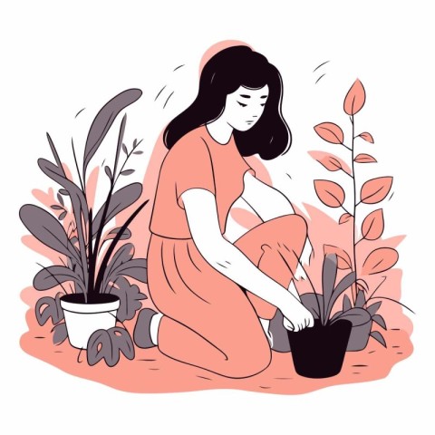 Vector illustration of a girl planting flowers in a pot in the g