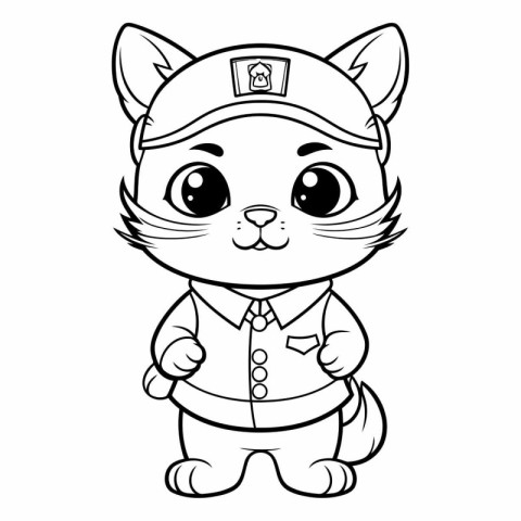 Black and White Cartoon Illustration of Cute Cat Captain Charact