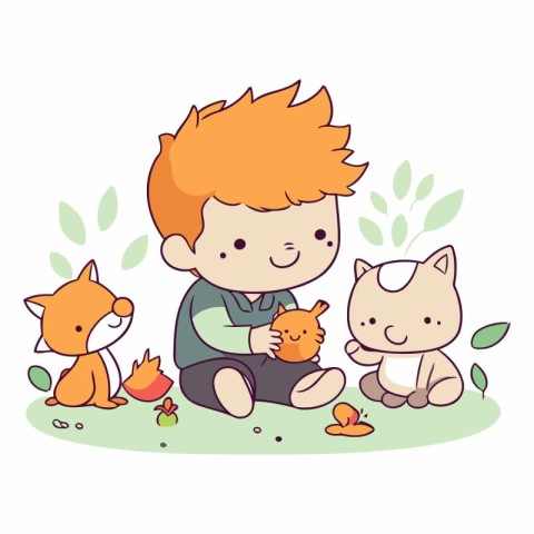 Cute little boy playing with cat and fox.