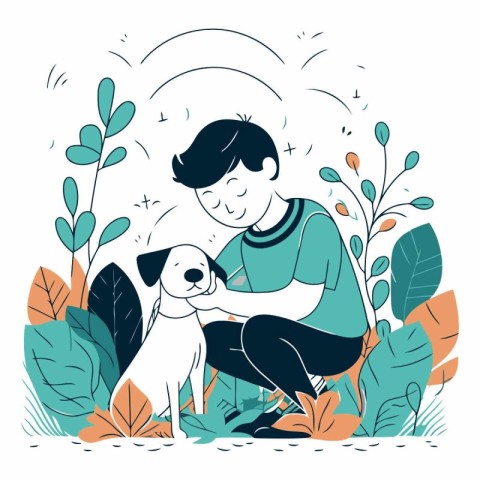 Vector illustration of a boy with a dog in the garden. Flat styl