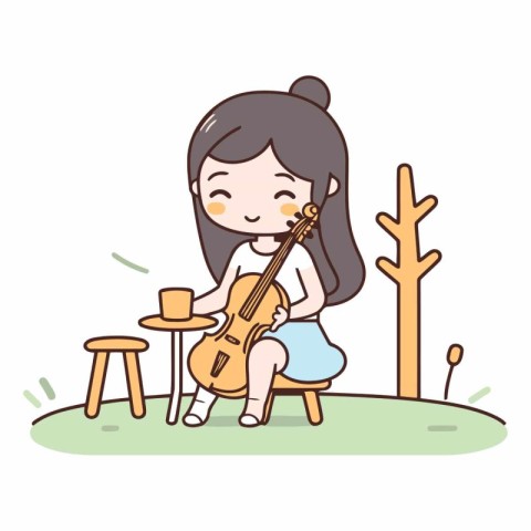 Little girl playing the violin in the park. Cute cartoon vector