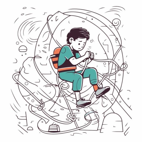 Vector illustration of a boy climbing on a rope in the playgroun