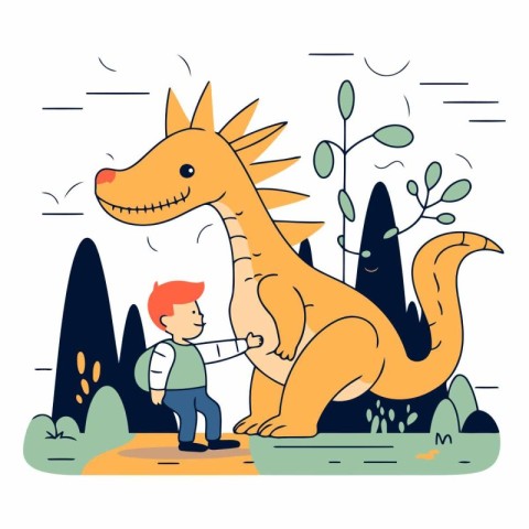 Little boy playing with dinosaur in the park in flat style