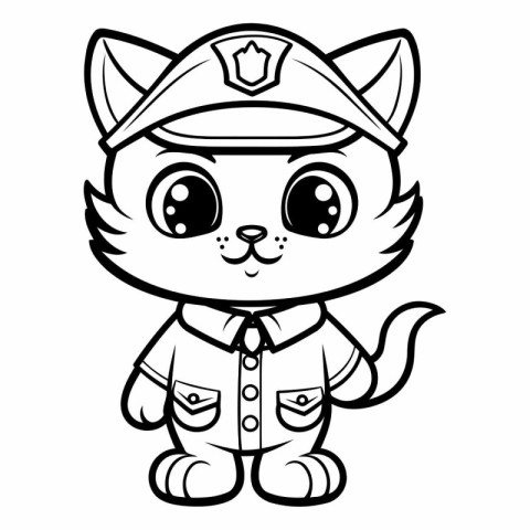 Black and White Cartoon Illustration of Cute Cat Captain Charact