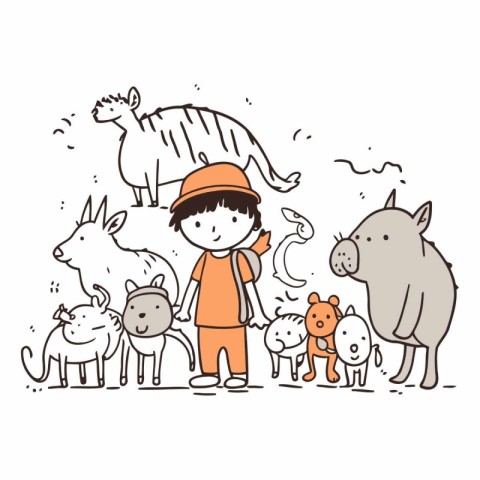 Cute little boy and animals. Vector hand drawn illustration. Car