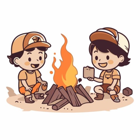 Boy and girl cooking by the campfire. Vector cartoon illustratio