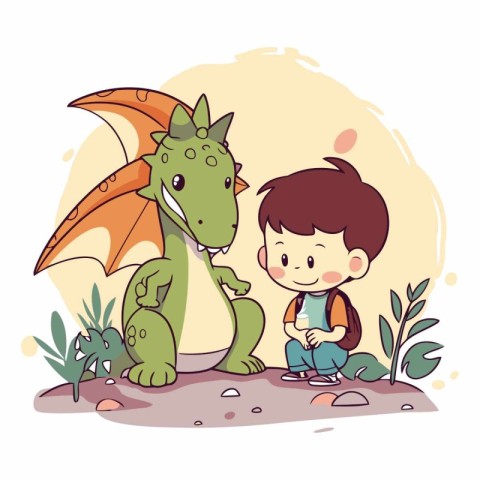 cute little boy with dinosaur in the park character vector illus