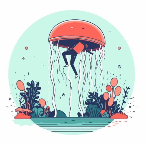 Jellyfish in the sea in flat style.