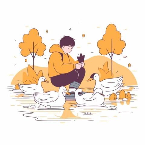 Boy feeds ducks on the lake in a flat style.