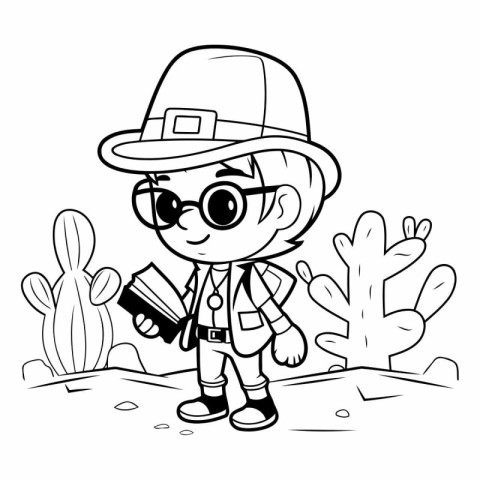 Outline Illustration of a Kid Boy Scout or Explorer Cartoon Char