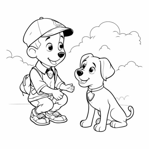 Illustration of a Little Boy Playing with a Puppy. Coloring Page