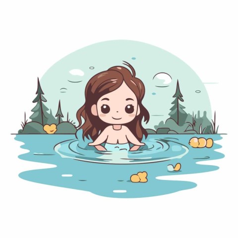 cute little girl swimming in the lake cartoon vector illustratio