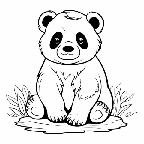 Panda sitting on a rock with grass. Black and white vector illus