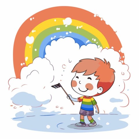 Boy with shovel and rainbow in the sky. Vector cartoon illustrat