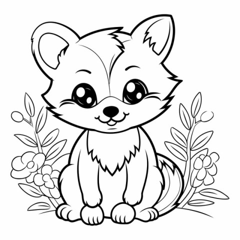 Coloring book for children: Cute little fox with flowers and lea