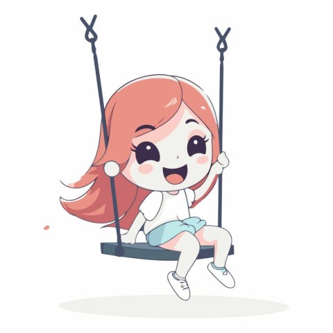 Cute little girl swinging on a swing in cartoon style.