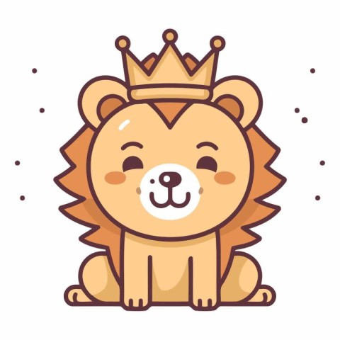 Cute lion with crown in flat cartoon style.