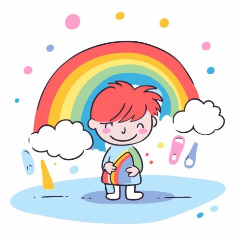 Cute cartoon boy with a backpack and a rainbow.