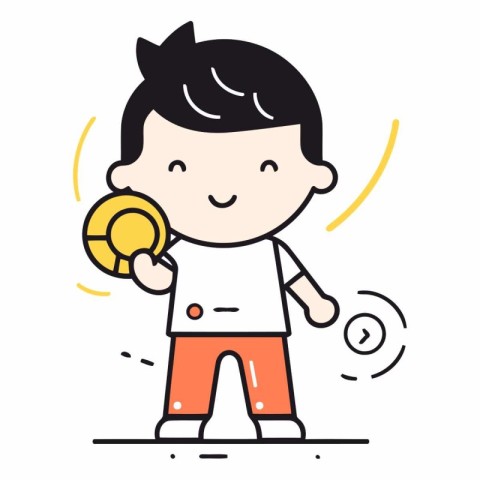 Cute cartoon boy holding gold medal. Vector line art illustratio