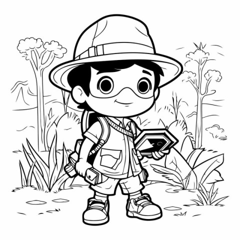 Boy explorer with a map in his hand for coloring book.