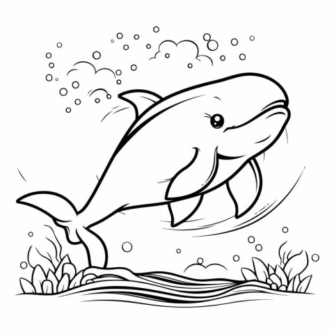 Black and White Cartoon Illustration of Cute Whale or Dolphin fo