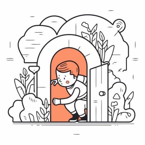 Vector illustration of little boy coming out of door. Line art d