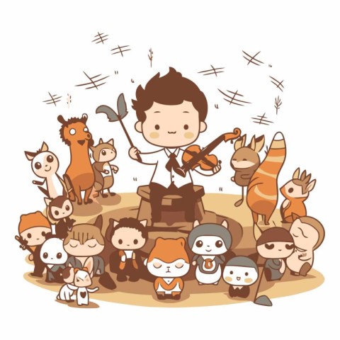 Boy playing the violin with his group of animals.