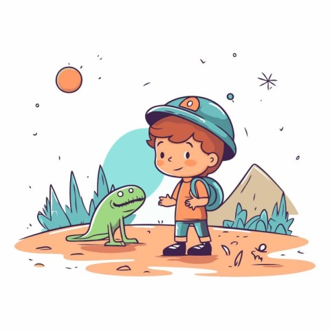 Cute little boy playing with dinosaur in the park