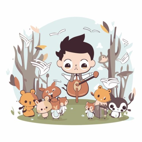 cute little boy playing violin with group of animals in the park