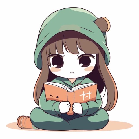 Cute little girl reading a book in cartoon style.