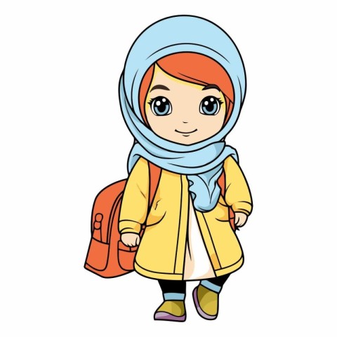 Cute little girl in coat and scarf with backpack.