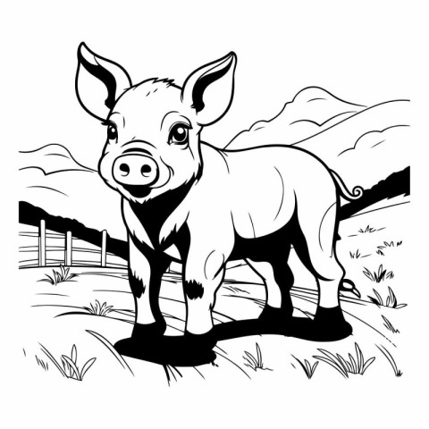 Black and white illustration of a pig standing in the meadow.