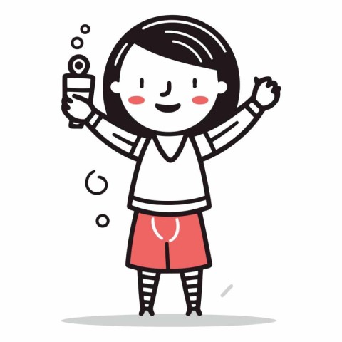 Cute girl holding firecracker. Cartoon character. Vector.