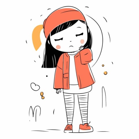 Cute little girl wearing winter clothes. Vector hand drawn illus