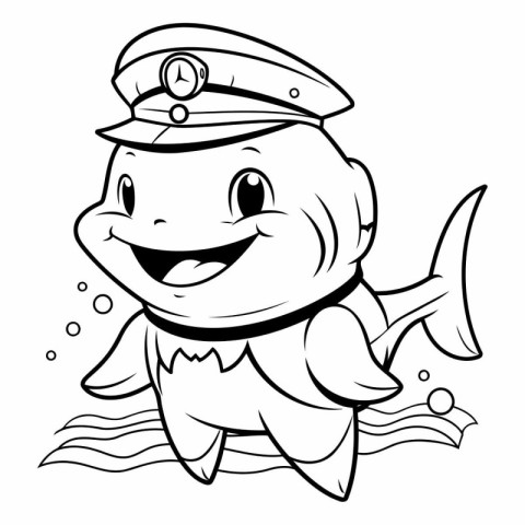 Black and White Cartoon Illustration of Cute Shark Marine Animal