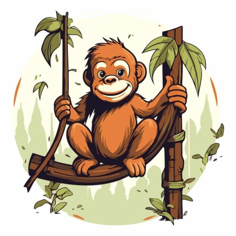 Vector illustration of a monkey sitting on a tree in the jungle.