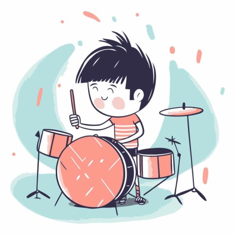 Boy playing drum set. Cute cartoon style.