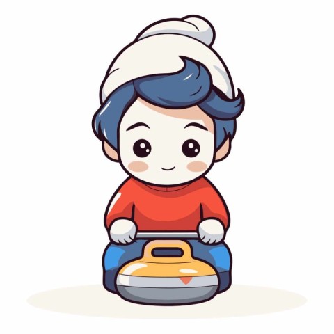 Cartoon boy riding a toy car isolated on white background.