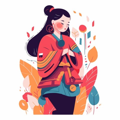 Vector illustration of a girl in a kimono with a microphone.