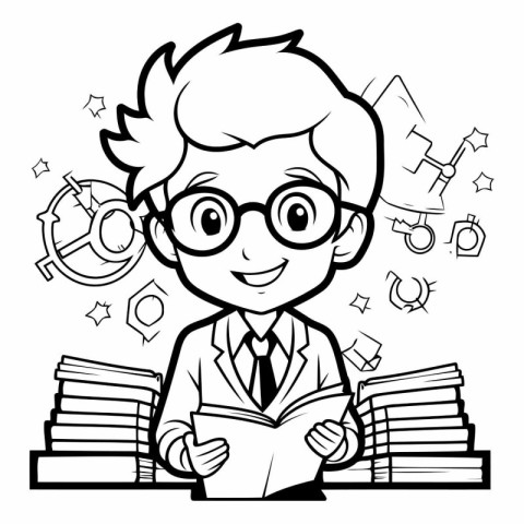 Black and White Cartoon Illustration of Schoolboy Student with B