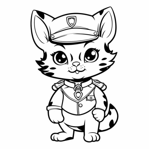 Black and White Cartoon Illustration of Cute Serviceman Cat Colo