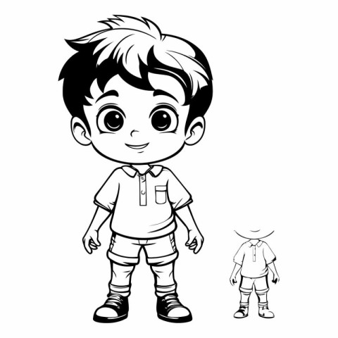 Cute little boy standing and smiling. black and white vector ill