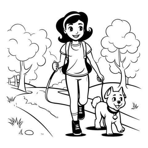 Teenager girl with dog cartoon in the park vector illustration g