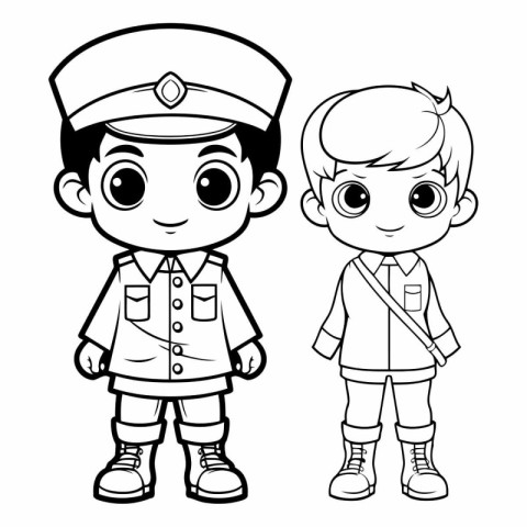 Coloring book for children: Boy and girl in military uniform.