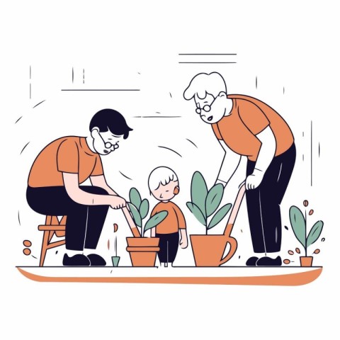 Grandfather and grandson planting plants. Flat vector illustrati