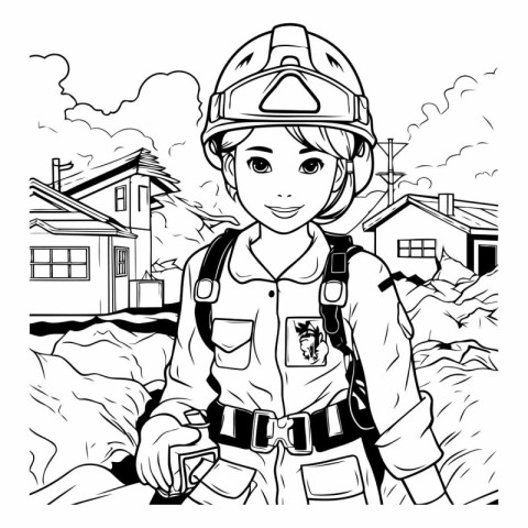 Firefighter girl in uniform and helmet. Black and white vector i