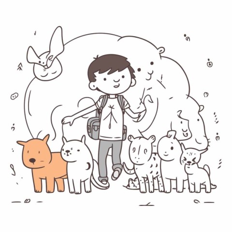 Vector illustration of a boy walking with a group of cats and do